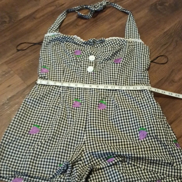 Timeless London ModCloth Black Gingham Embroidered Grape Halter Shorts Romper A7 - Picture 3 of 6